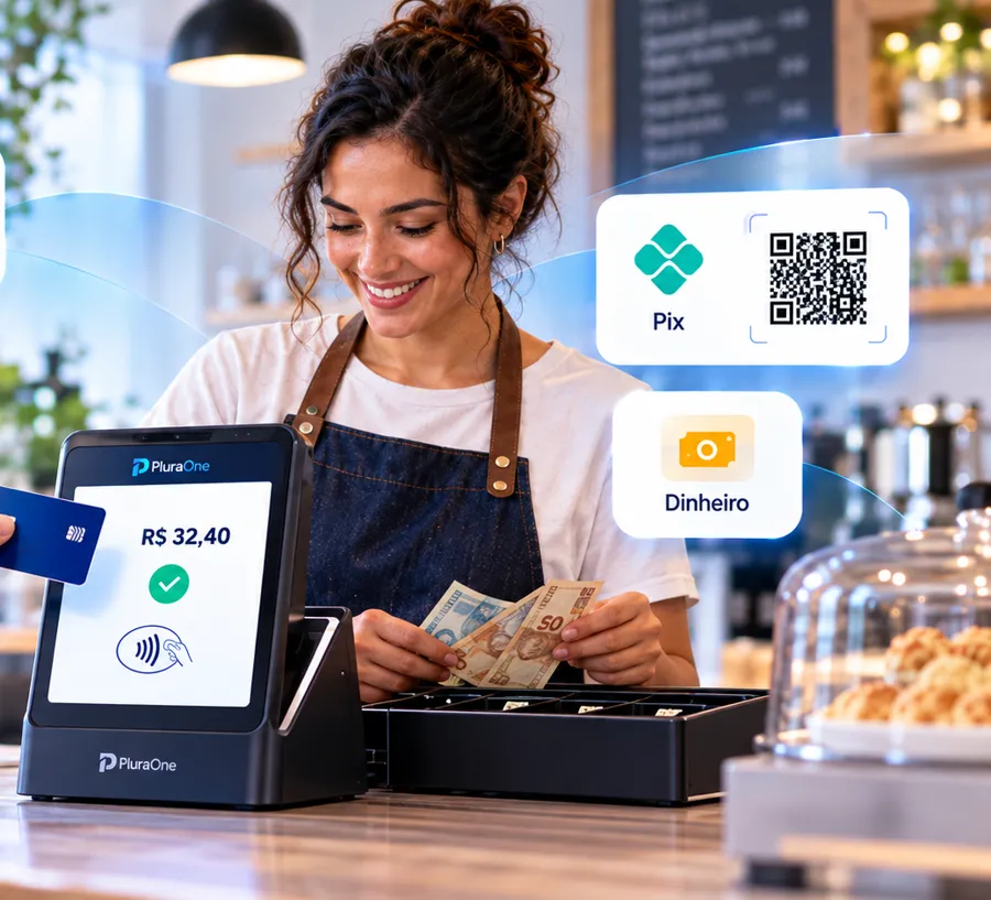 Atendimento com terminal e ilustração de Pix